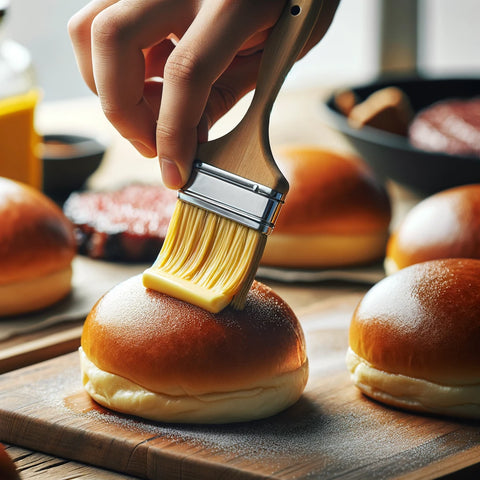 An image showing burger buns being seasoned with melted butter. The buns are placed on a kitchen counter, and a person's hand is using a brush to gentle rub melted butter on top of the burger buns