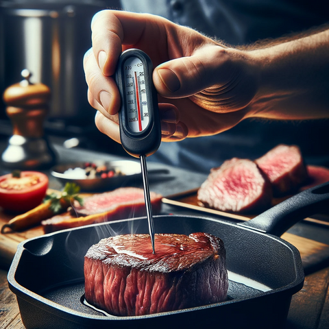 a chef checking the temperature of the steak in the skillet