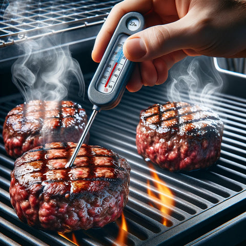 An Image of Wagyu burger patties being cooked on a medium heat grill. A meat thermometer is being used to ensure the patties are being cooked at the right temperature