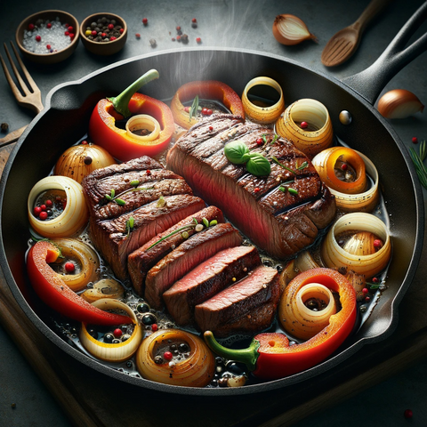 An image of sliced steak being cooked in a skillet with onions and peppers, capturing the sizzling and cooking process