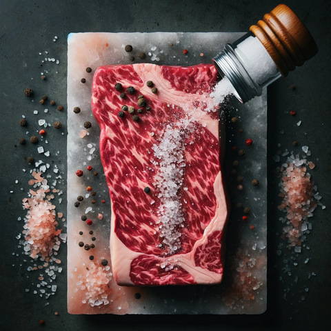 an image of a wagyu Denver steak on a cutting board seasoned with salt