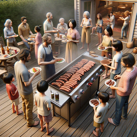 An image showing a depiction of a family barbecue scene, focusing on the cooking of Wagyu hot dogs. The image portrays a group of people