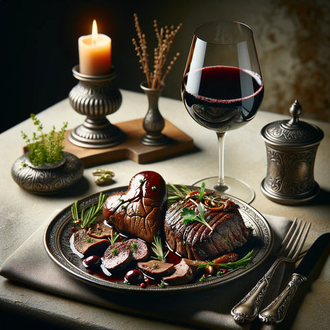 An image showing a beautifully presented plate of cooked beef heart and liver, paired with a glass of red wine. The dish is served on an elegant plate.