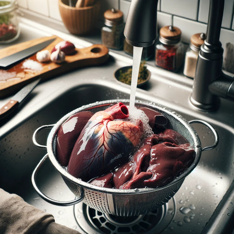 An image showing beef heart and liver being washed in a kitchen sink before cooking. The scene is set in a well-lit, modern kitchen.