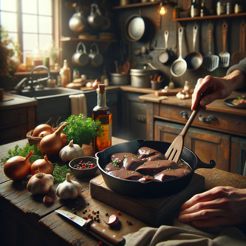An image of a beef liver being cooked in an iron skillet with vinegar in a kitchen setting.