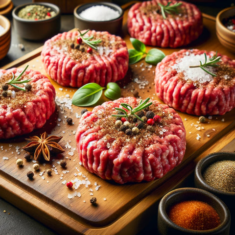 An image showing multiple Wagyu ground beef patties on a wooden cutting board, now being seasoned. The patties should be sprinkled with a blend of sea rock salt
