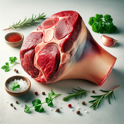 An image showcasing a fresh beef shank on a clean, white background. The beef shank displays a vibrant, deep red color, indicative of its freshness.