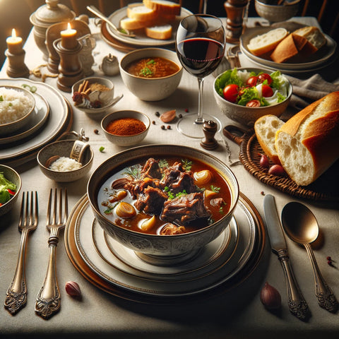 Imafe of A dining table elegantly set for a meal featuring oxtail soup. The table showcases a bowl of rich, hearty oxtail soup as the main dish.