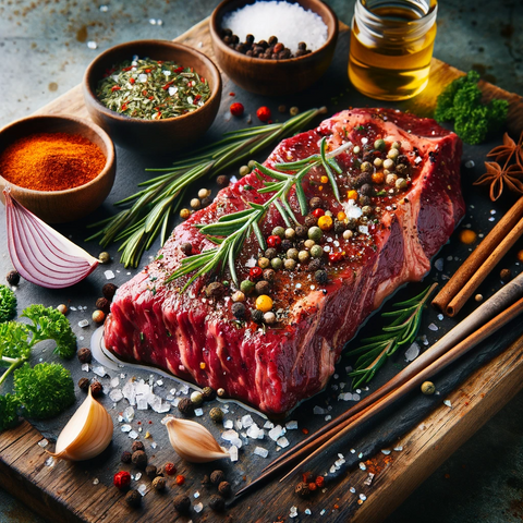 a wagyu steak covered with spices and herbs
