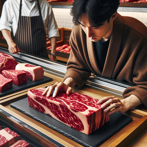 Image of a person carefully examining and selecting a high-quality cut of Wagyu beef at a butcher shop.