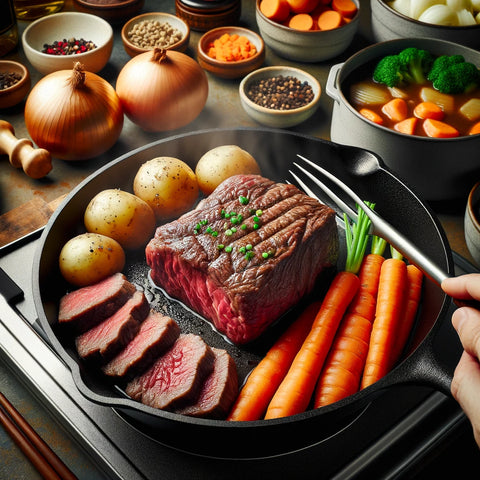 Image showing the preparation and cooking process of Wagyu stew meat, showing the beef being seared in a cast-iron skillet, surrounded by ingredients like carrots.