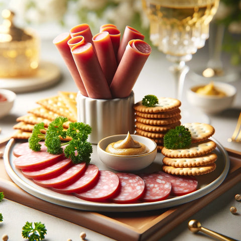 An image showing sophisticated appetizer display featuring thinly sliced summer sausage elegantly arranged on a small plate. Accompanied by a variety of crackers.