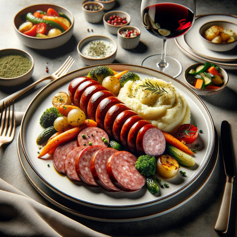 An image showcasing  elegant main course presentation featuring a hearty serving of thickly sliced summer sausage as the centerpiece on a large plate.
