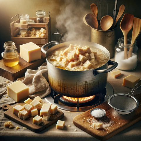 An image depicting the process of rendering beef fat into tallow. The scene is set in a kitchen with a large pot on the stove, where beef fat trimming