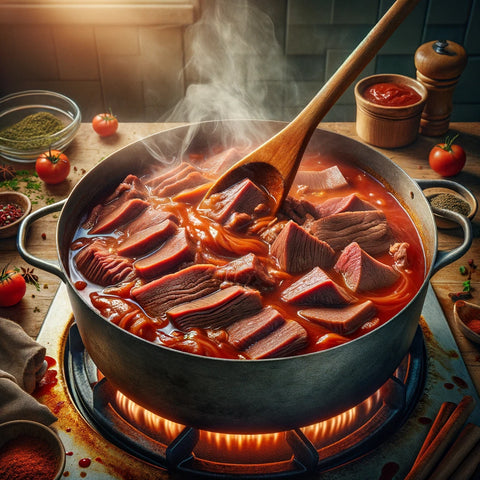 An image illustrating the cooking process of beef tongue, where it's being stirred in a rich tomato sauce and beef broth.