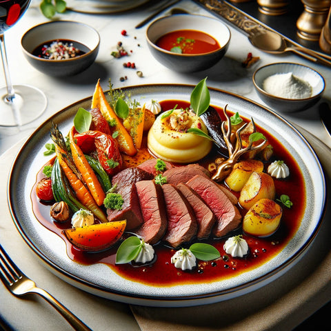 An image showcasing a beautifully plated beef tongue dish, paired with elegant side dishes. The main course features tender slices of beef tongue, served with mix of vegetables, condiments & sauces