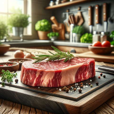 a top sirloin in a kitchen on a cutting board showcasing its rich marbling