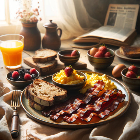 An image of a breakfast scene featuring Wagyu beef bacon. This image showcases a rustic breakfast table with a warm, morning atmosphere.