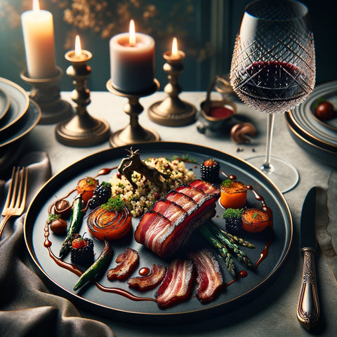 An image depicting Wagyu beef bacon used in a different meal setting, other than breakfast. This scene features an elegant dinner setting.