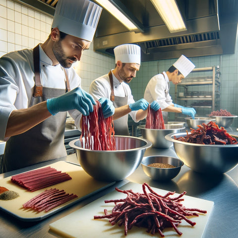 An image showcasing the preparation process of Wagyu beef snack sticks in a commercial kitchen setting. The scene includes chefs carefully mixing thin pieces of wagyu beef sticks.