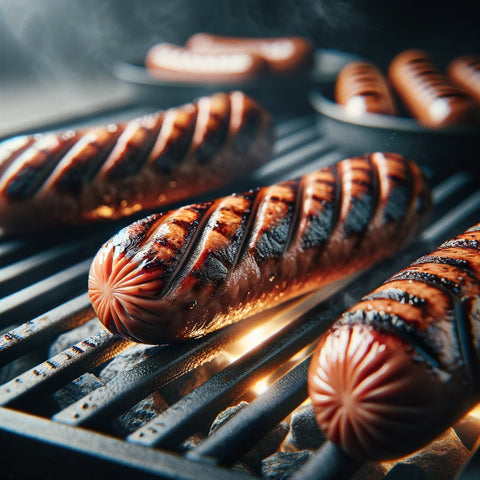 a close-up view of a grill focusing on Wagyu hot dogs being cooked. The image shows Wagyu hot dogs sizzling on a grill, with a golden-brown exterior