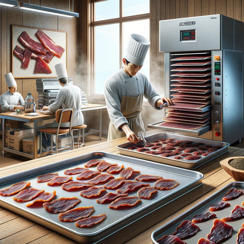An image of a professional kitchen where the process of making pressed Wagyu jerky is taking place. The scene includes a chef carefully handling a batch of jerky