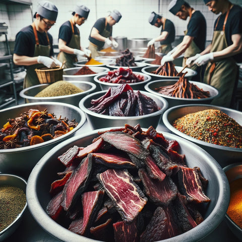 An image showcasing the marination process of Wagyu jerky in a professional kitchen setting. Visible are large mixing bowls containing slices of Wagyu