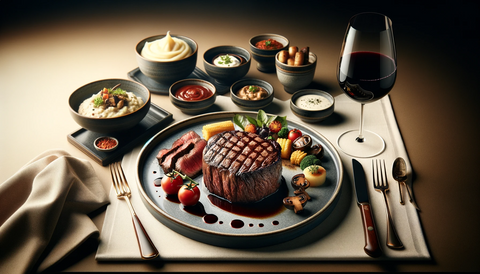 Filet Mignon with classic sides like creamy mashed potatoes, some wine and suitable pairing on a dinner table