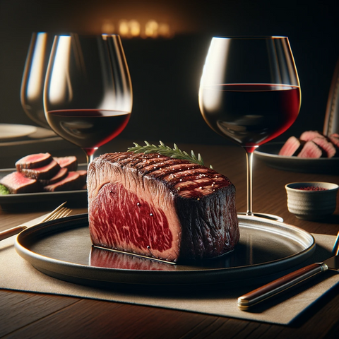 a picture showing a pairing of wagyu filet mignon with a glass of red wine