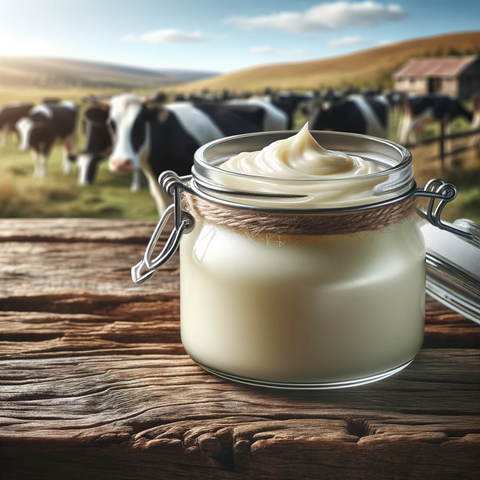 wagyu tallow in a bottle with wagyu cows in background