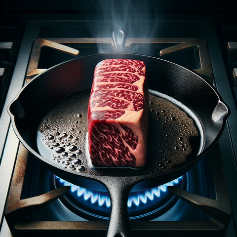 an image of a wagyu denver steak on an iron skillet being cooked