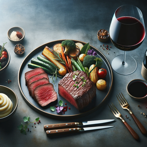 a picture showing wagyu being paired with side dishes like vegetables and wine