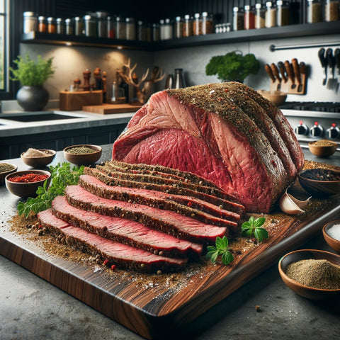 \An uncooked, sliced tri tip roast on a modern kitchen countertop, seasoned with a blend of spices. The slices reveal the straight-grained texture of the cut