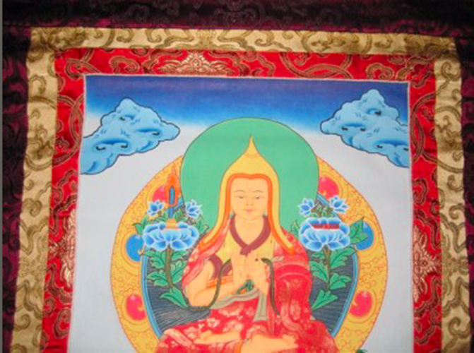 Lg Tsonghapa Thangka Thanka Painting w/ Brocade Nepal Art AN277