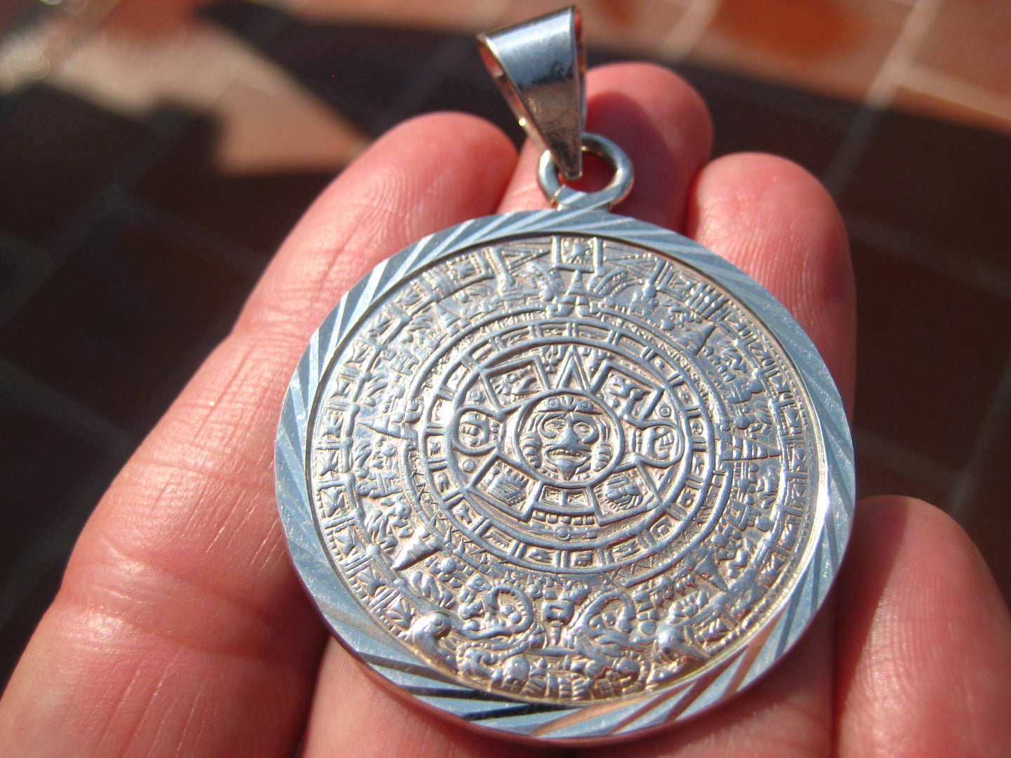 Large 925 Silver Mayan Calendar Pendant Necklace Taxco Mexico A9368 ...