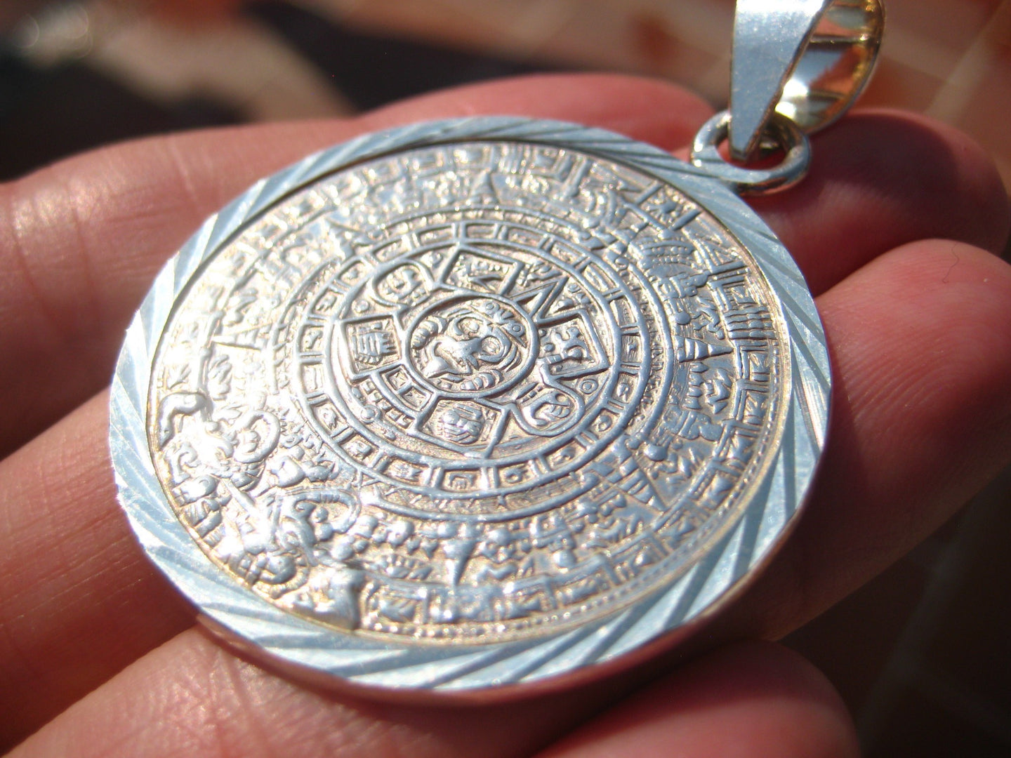 Large 925 Silver Mayan Calendar Pendant Necklace Taxco Mexico A9368