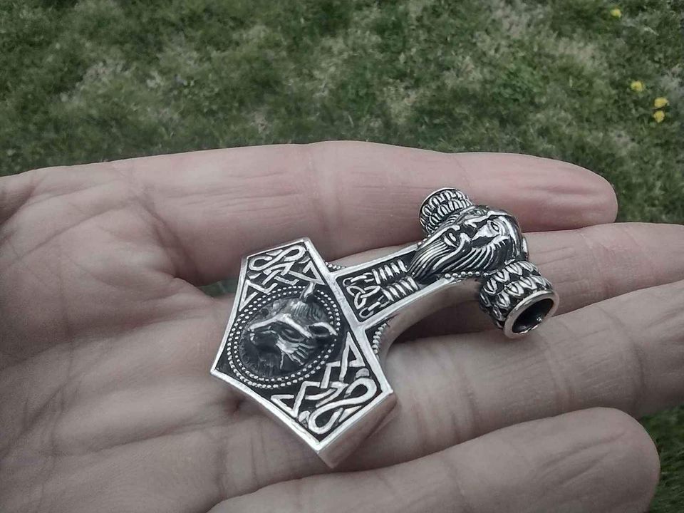 925 Silver Viking Mjolnir Mjolhner Odin Wolf Hammer of Thor Pendant A19