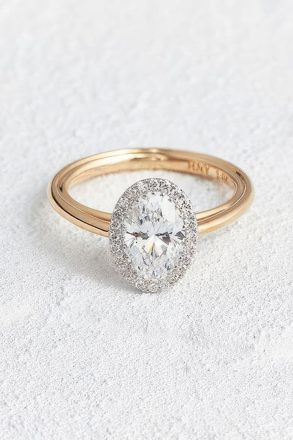 Oval Diamond with Pave Halo in Yellow Gold
