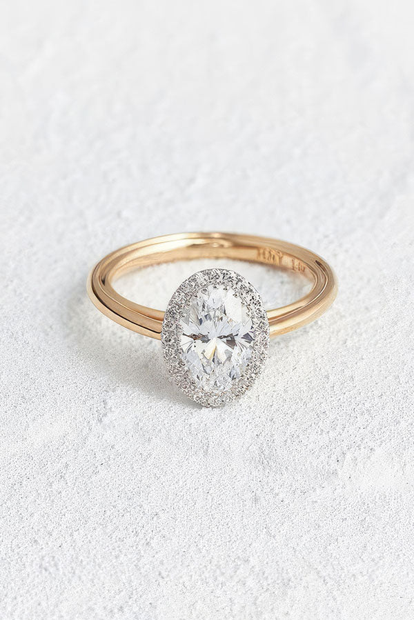 Oval Diamond with Pave Halo in Yellow Gold