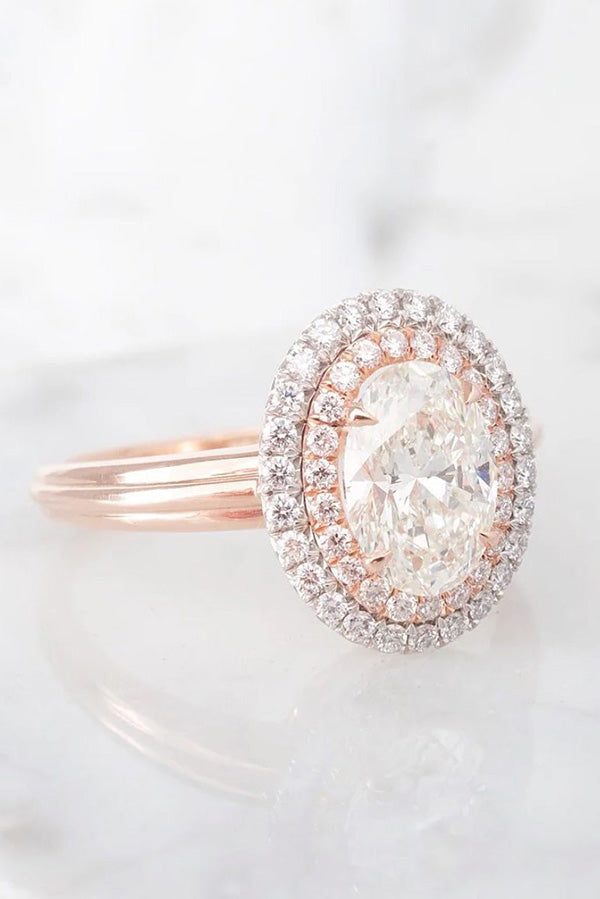 White Oval with Double Halo in Rose Gold