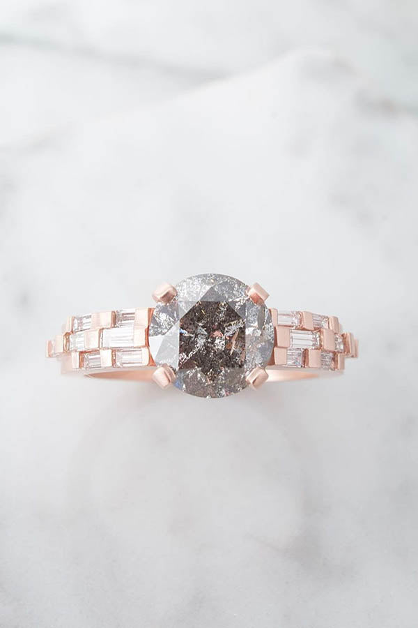 Round Salt & Pepper Diamond with Baguette Band