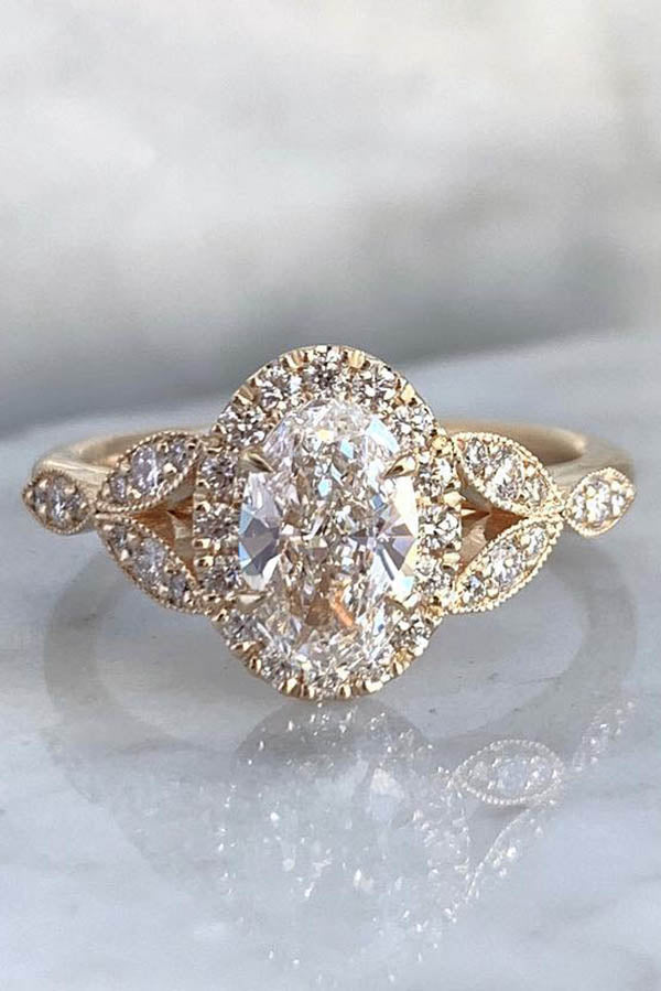 Oval Cut Floral Halo Engagement Ring