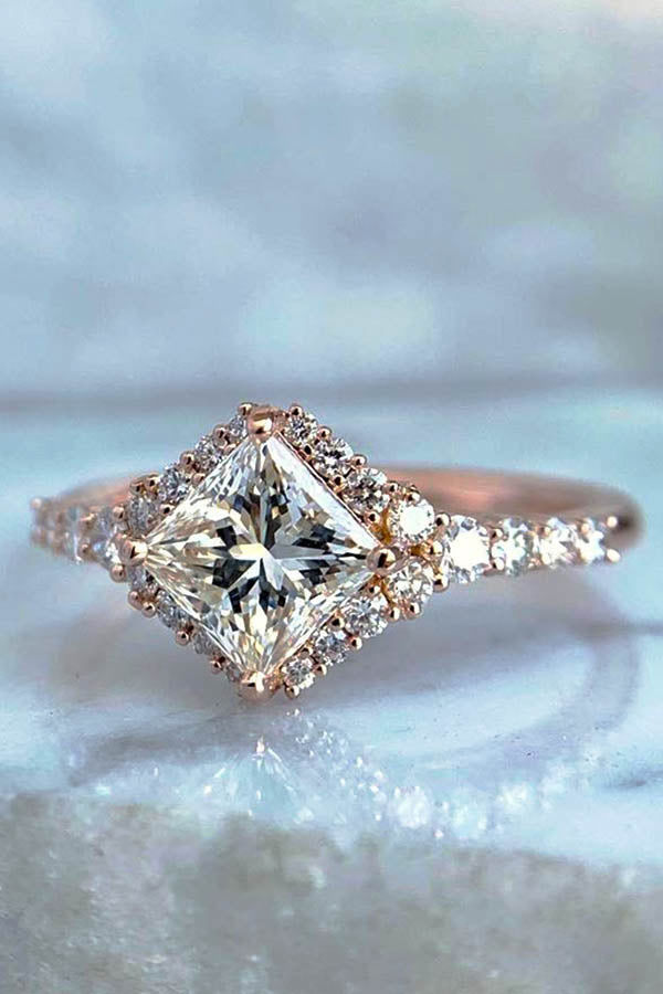 Turned Princess Cut Engagement Ring with Halo