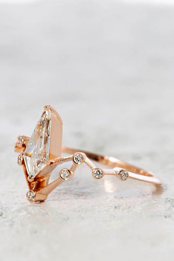 Kite Shaped Diamond Engagement Ring with Round Diamond Bezel Accents