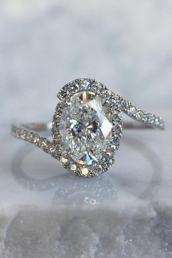 Bypass Oval Engagement Ring with Pave Band