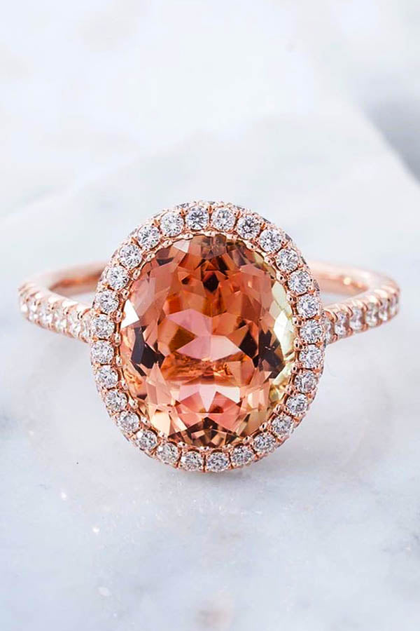 Peach Tourmaline Engagement Ring with Halo