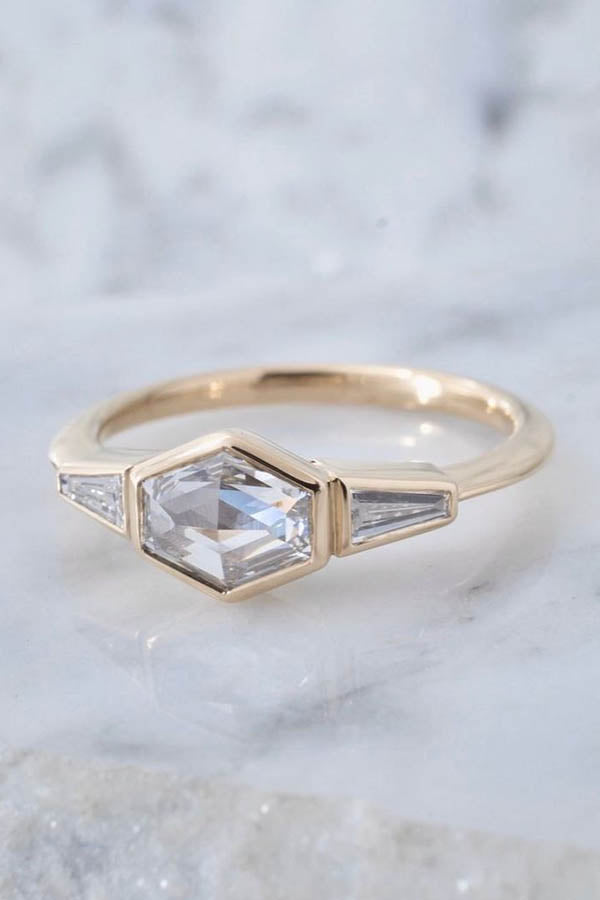 Geometric Rose-Cut Diamond Engagement Ring with Tapered Baguettes