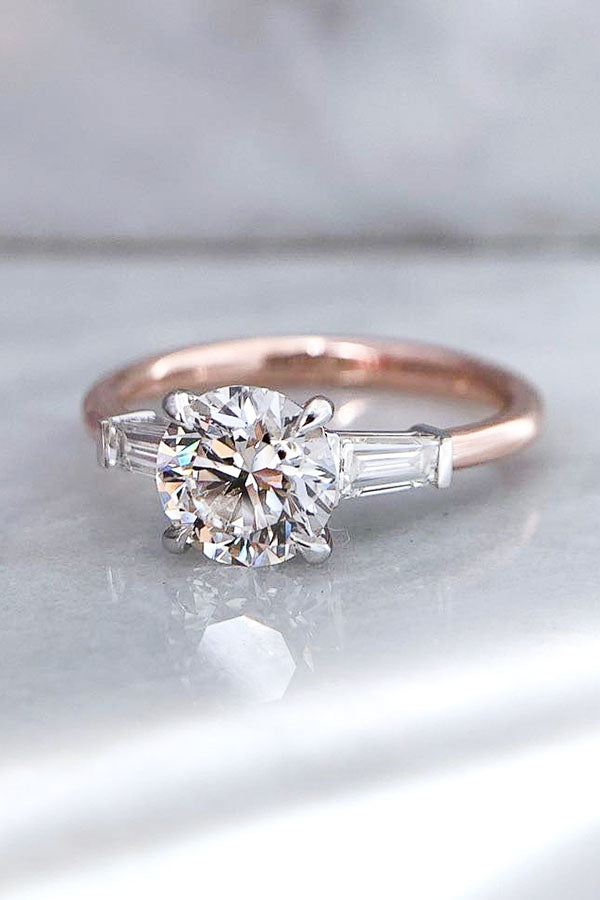 Round Diamonds with Baguette Diamond Three Stone Engagement Ring