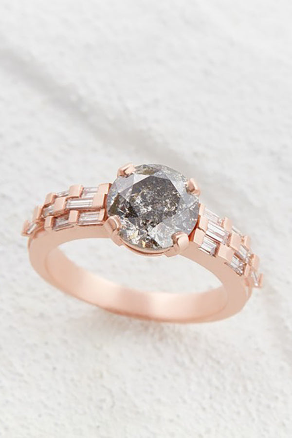 Round Salt & Pepper Diamond Engagement Ring with Baguette Band
