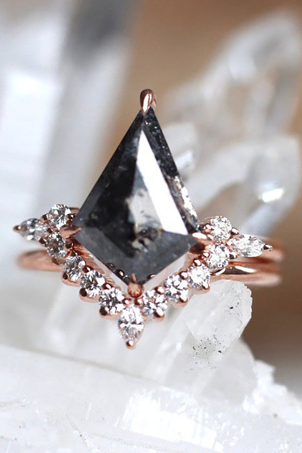 Salt & Pepper Kite Diamond Engagement Ring with Marquise Accents